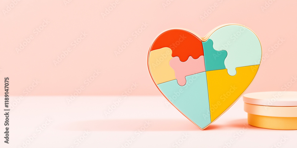 Love puzzle, cute puzzle shaping colorful hearts in simple pink background Love puzzle, cute puzzle shaping colorful hearts in simple pink background