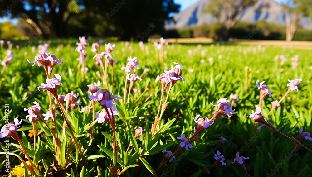 Close-up of delicate light purple wildflowers blooming in a vibrant green field with mountains in the background. Close-up of delicate light purple wildflowers blooming in a vibrant green field with mountains in the background.