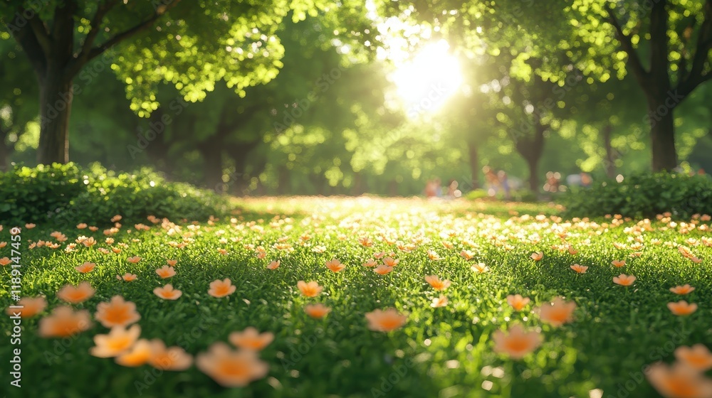 Fototapeta premium A serene park scene filled with blooming flowers and lush greenery.