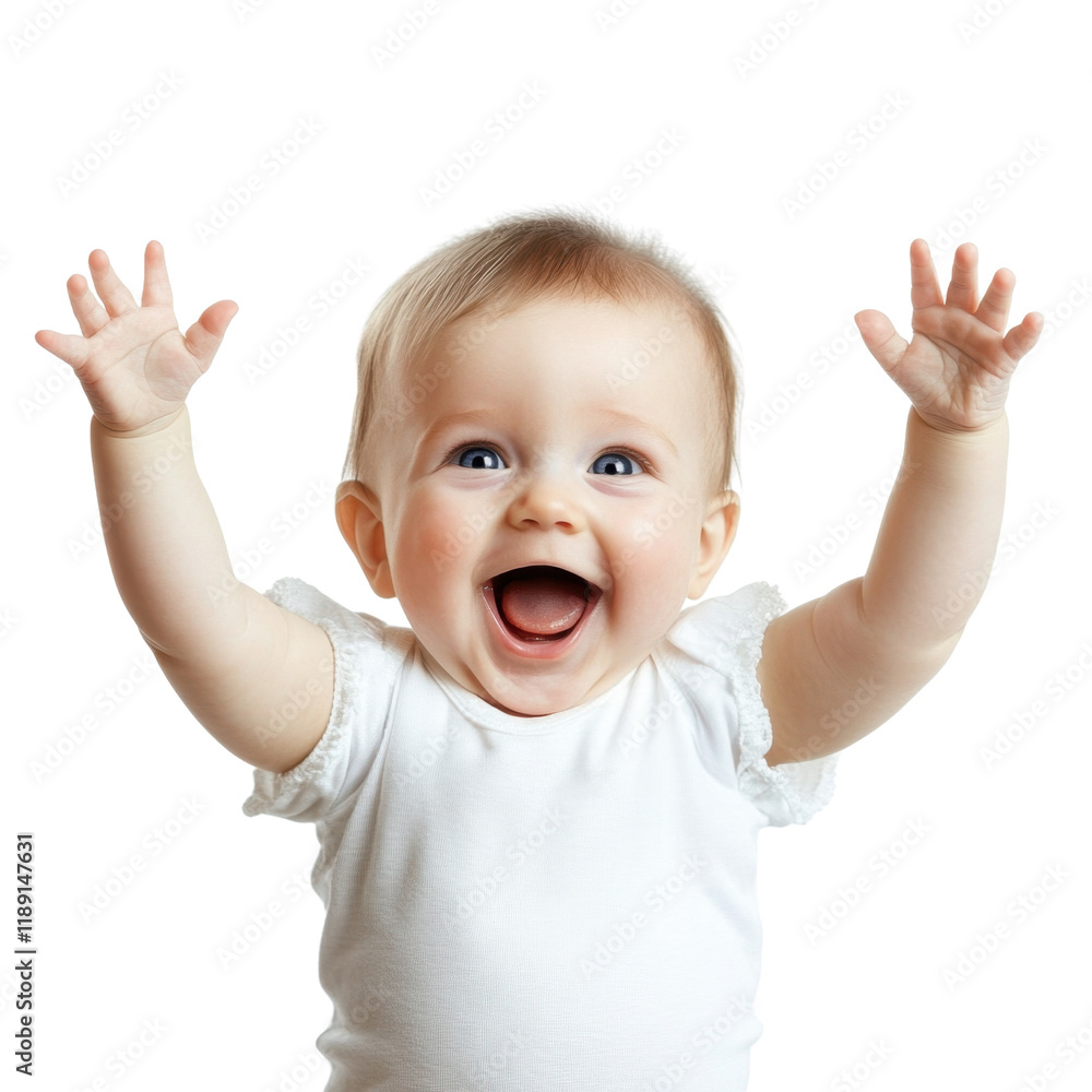 Happy Baby with Joyful Expression Raising Hands in Celebration Happy Baby with Joyful Expression Raising Hands in Celebration