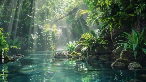 Wallpaper Mural Serene Tropical Oasis with Lush Greenery, Tranquil Water, and Dappled Sunlight Filtering Through Rich Foliage in a Mystical Forest Setting Torontodigital.ca