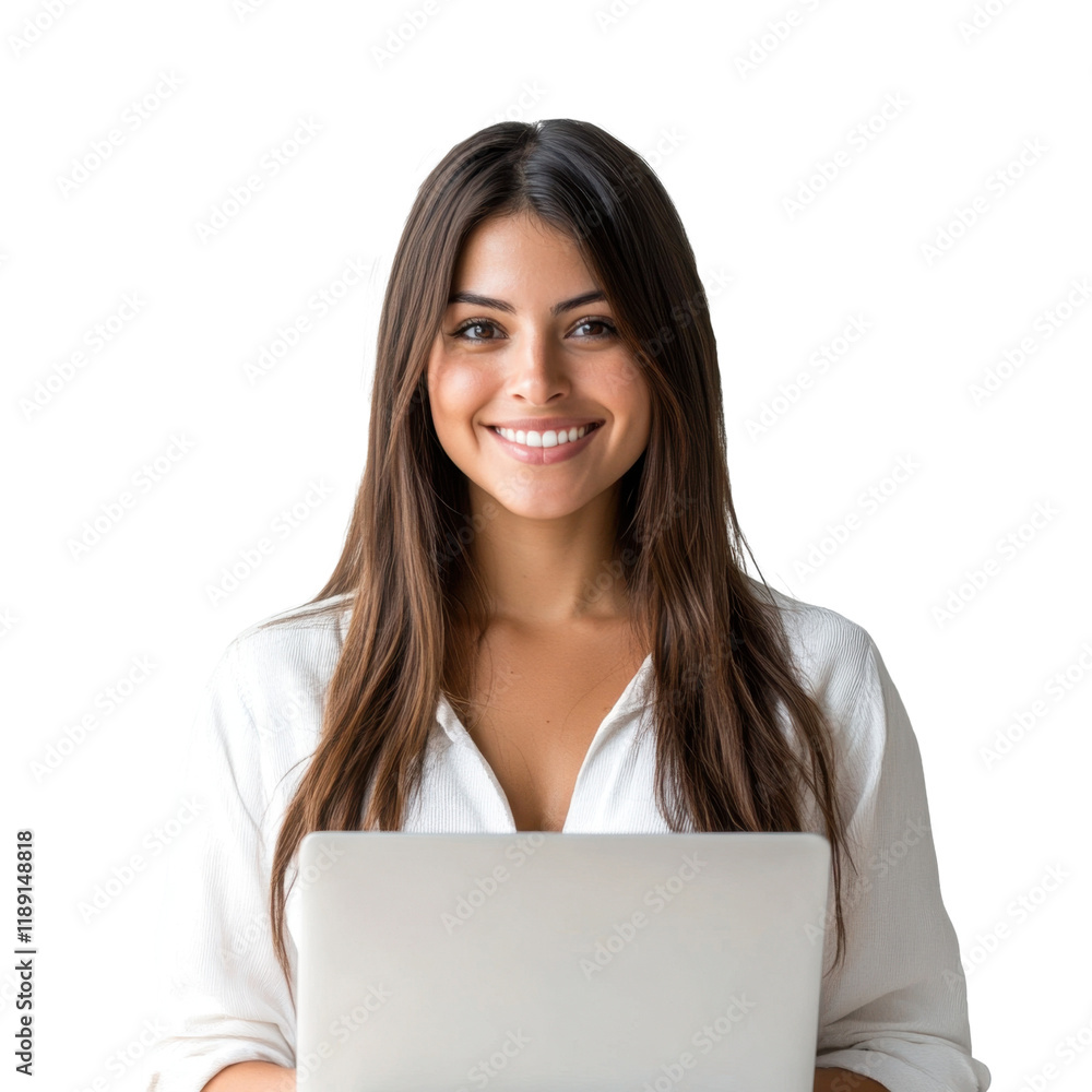 Smiling Woman with Laptop Enjoying Work in Bright Modern Space Smiling Woman with Laptop Enjoying Work in Bright Modern Space