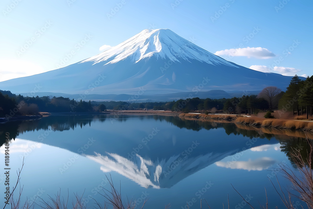 Mount Fuji with snow-capped peak and serene lakes representing the majestic Japanese landscape Mount Fuji with snow-capped peak and serene lakes representing the majestic Japanese landscape