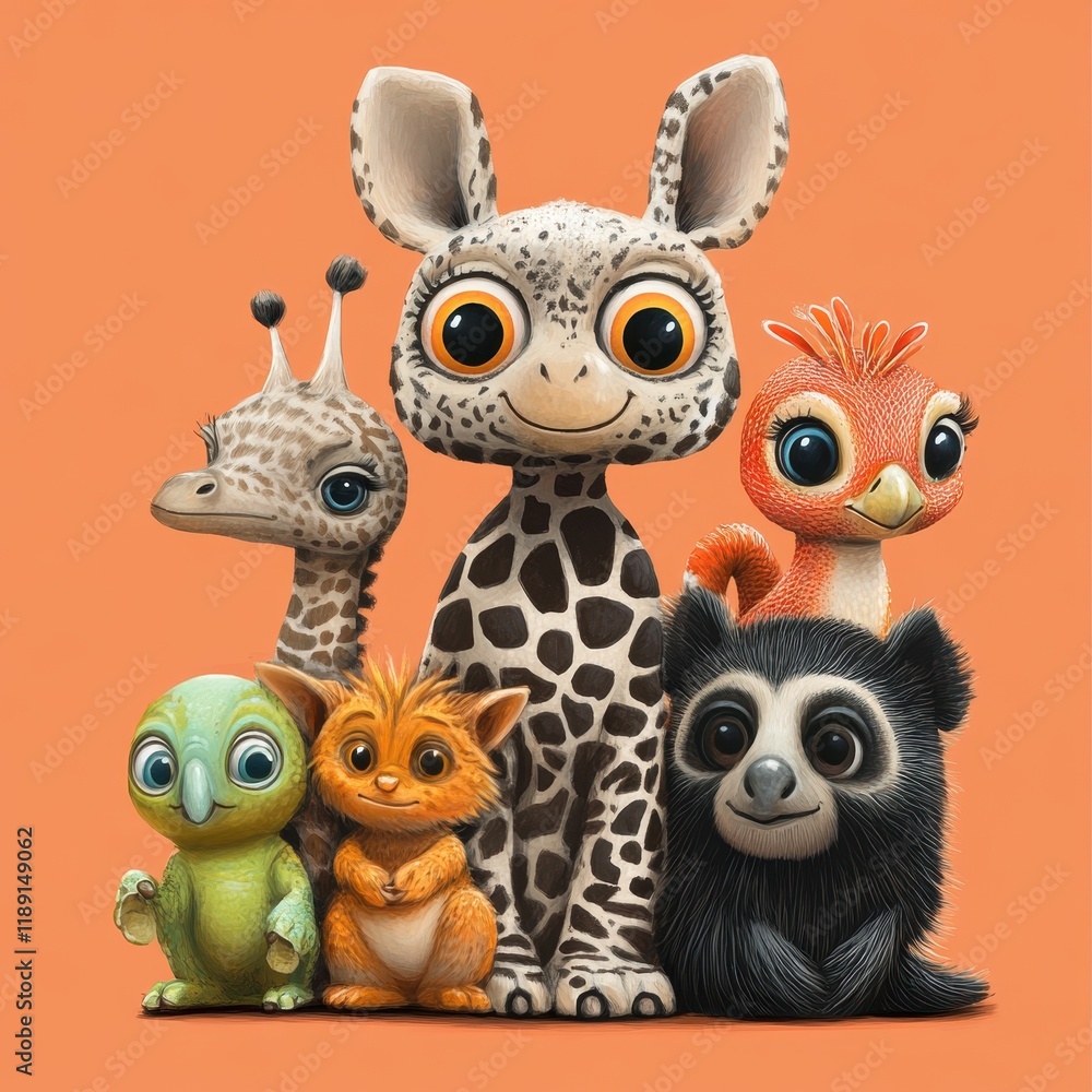 Fototapeta premium Adorable Group of Cartoon Animals Posing Together