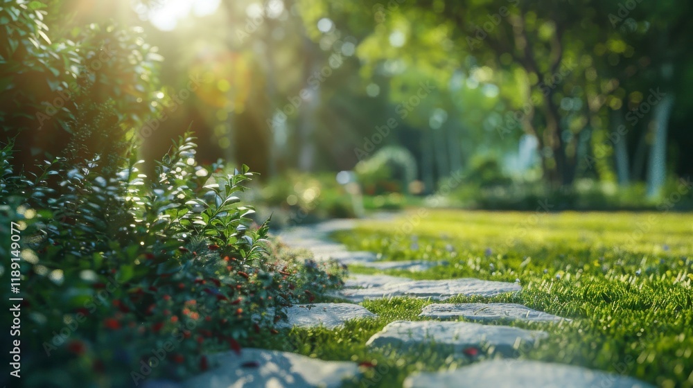 Fototapeta premium Lush Green Garden Pathway Surrounded by Bright Blooming Plants and Sunlight Filtering Through Trees in a Tranquil Outdoor Setting