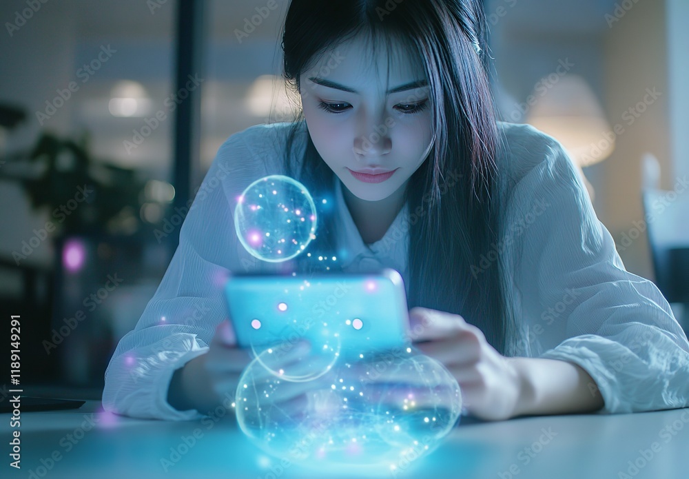 Close-up of a Woman Using a Mobile Phone with Chat Bubbles and Icons
Close-up of a Woman Using a Mobile Phone with Chat Bubbles and Icons