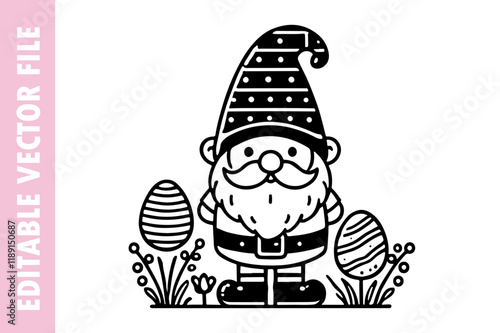 Easter gnome egg and flower cut, Easter line vector design