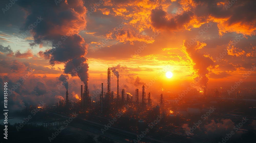 Fototapeta premium Fiery Sunset Over Industrial Complex: A Dramatic Silhouette