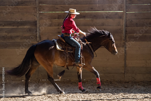Cowgirl exercising a young quarter horse