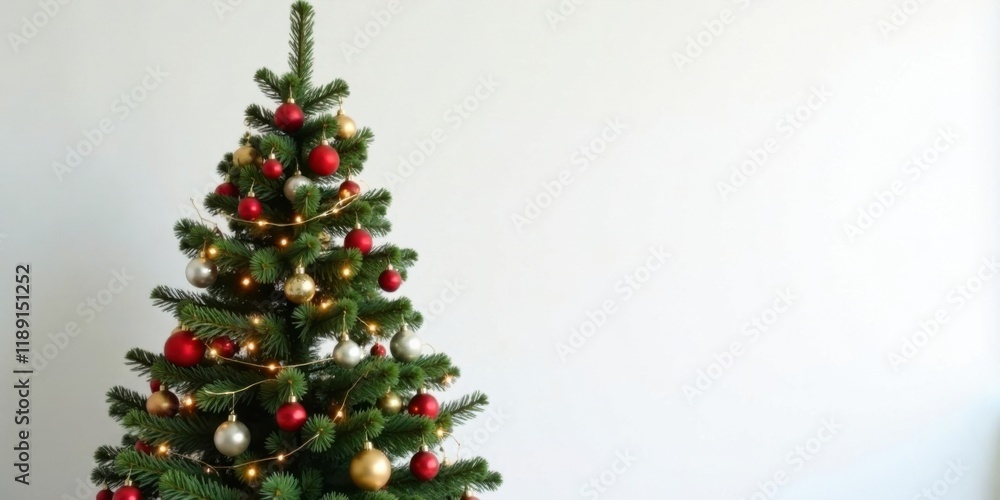 Festive Christmas tree with red and gold ornaments against a plain white background Festive Christmas tree with red and gold ornaments against a plain white background