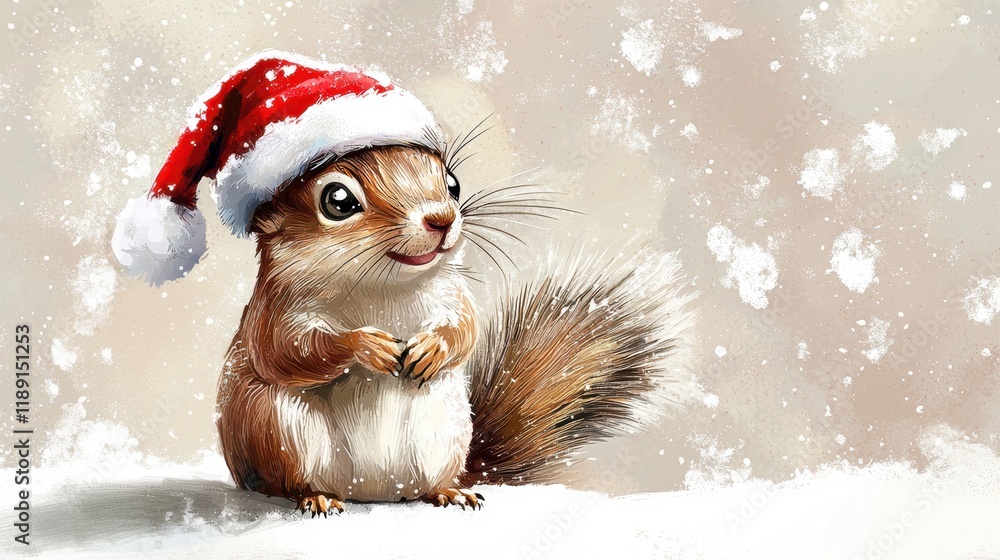 Cute squirrel wearing Santa hat in winter Cute squirrel wearing Santa hat in winter