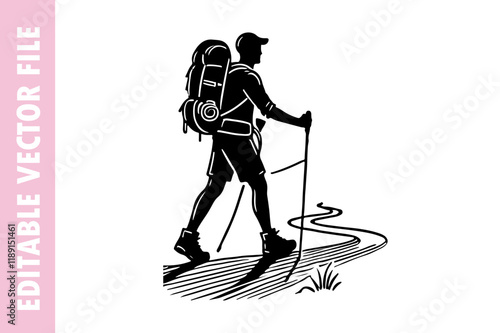 silhouette of a person with a suitcase, hiking mane vector design