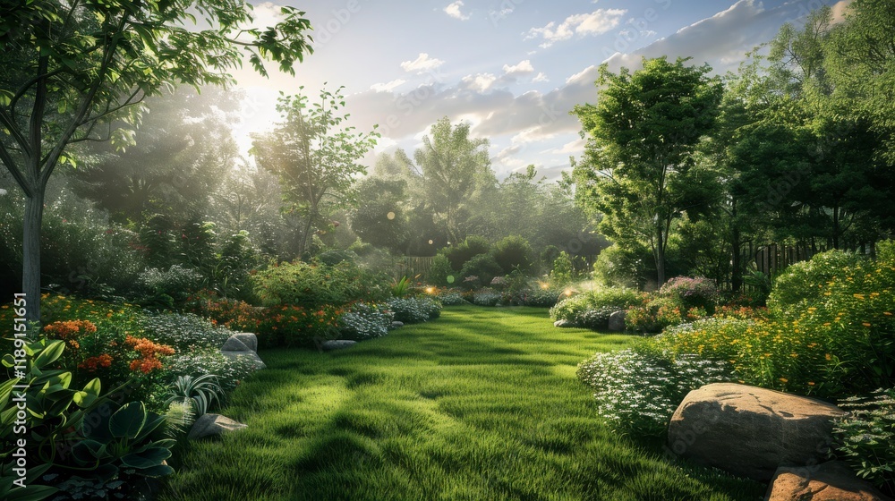 Obraz premium Serene Garden Landscape with Lush Green Grass and Vibrant Flowers Under a Bright Sky Illuminated by Soft Morning Light