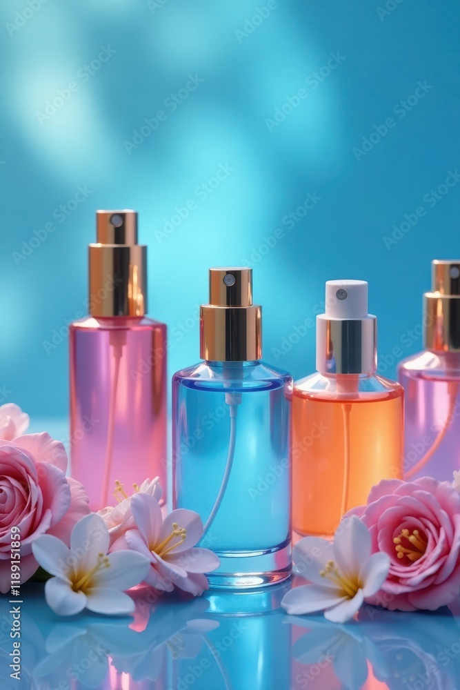 Various perfume atomizers against a calming blue , ocean, background Various perfume atomizers against a calming blue , ocean, background