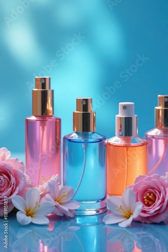 Various perfume atomizers against a calming blue , ocean, background photo