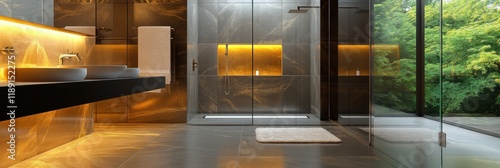 A contemporary bathroom with a glass walk-in shower, natural stone tiles, and minimalist decor. photo