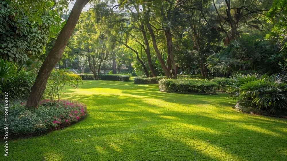 Naklejka premium Lush Green Garden Scene with Sunlight Filtering Through Trees, Vibrant Foliage, and Serene Atmosphere for Nature and Landscape Photography