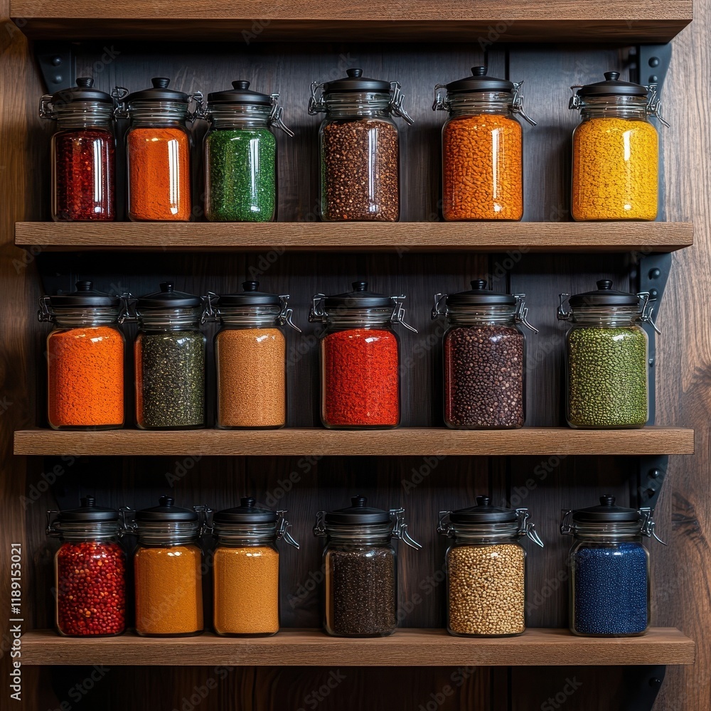 Colorful Jars of Dried Ingredients Display Colorful Jars of Dried Ingredients Display