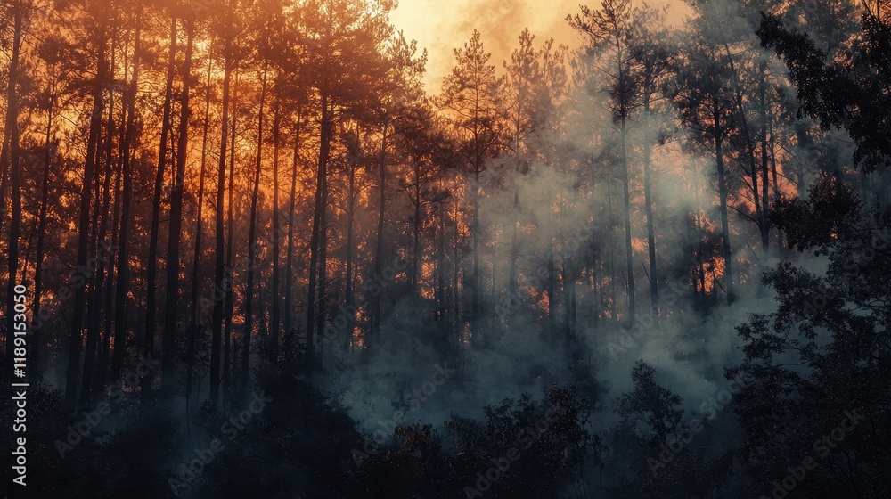 Fototapeta premium Intense Forest Fire at Dusk with Trees Silhouetted Against an Orange Sky and Smoke Rising in the Air