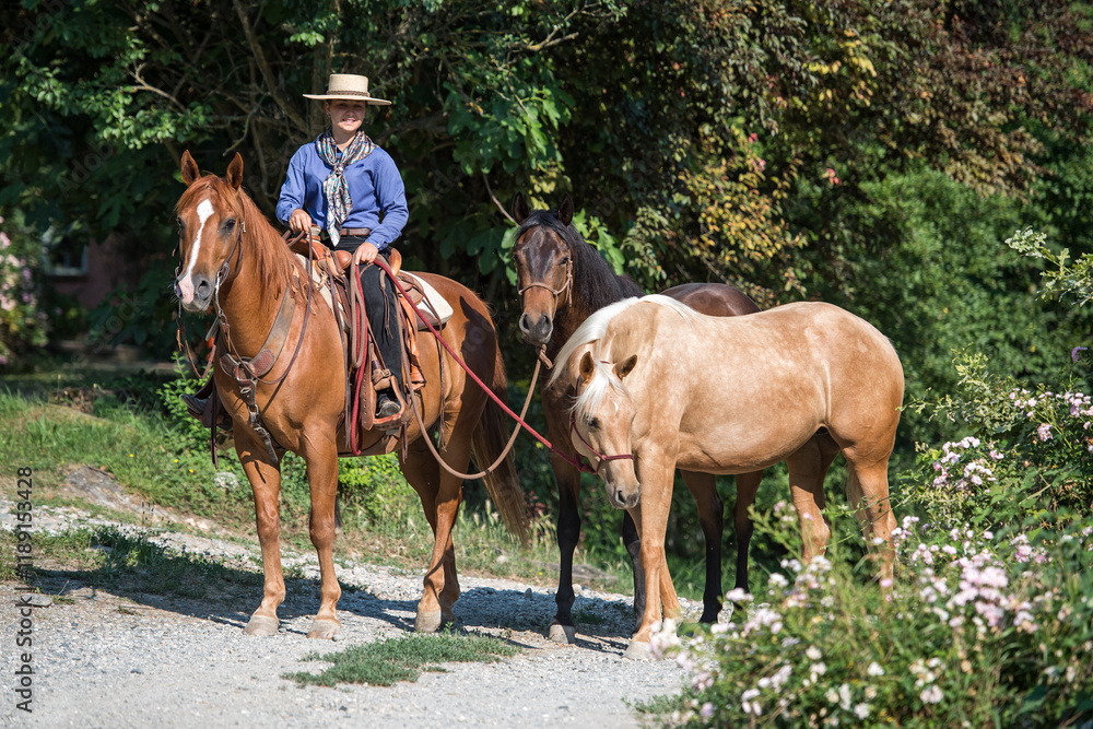Cowgirl riding a horse and leading 2 more by hand Cowgirl riding a horse and leading 2 more by hand