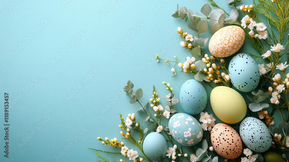 Colorful Easter eggs arranged with flowers and greenery on a light blue background Colorful Easter eggs arranged with flowers and greenery on a light blue background