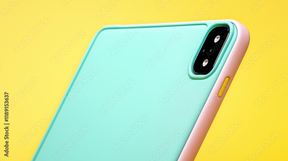 Fototapeta premium A vibrant, close-up view of a mint green phone case against a bright yellow background, highlighting its sleek design and dual camera cutout.