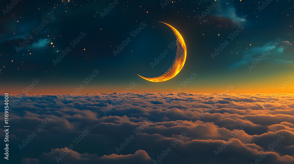 Fototapeta premium A romantic scene depicting a moon in a starry night sky above fluffy clouds.