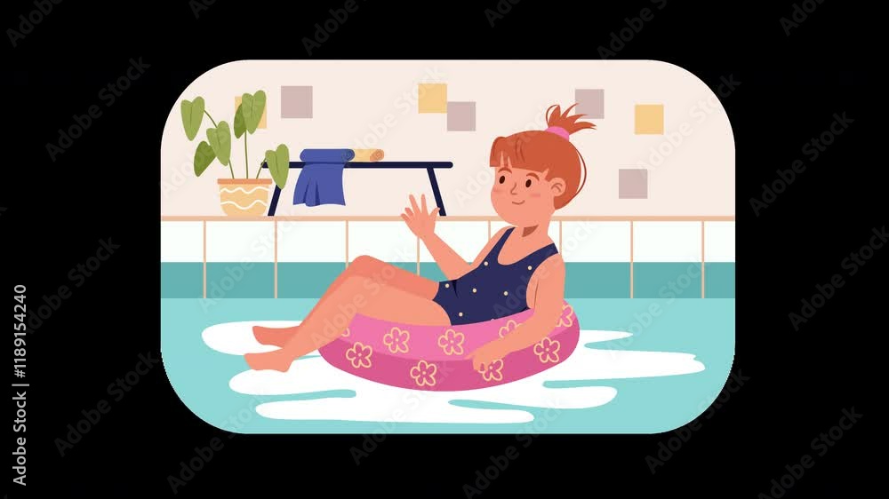 A cheerful girl enjoying a swim on a pink float in a light, vibrant indoor pool setting. A cheerful girl enjoying a swim on a pink float in a light, vibrant indoor pool setting.