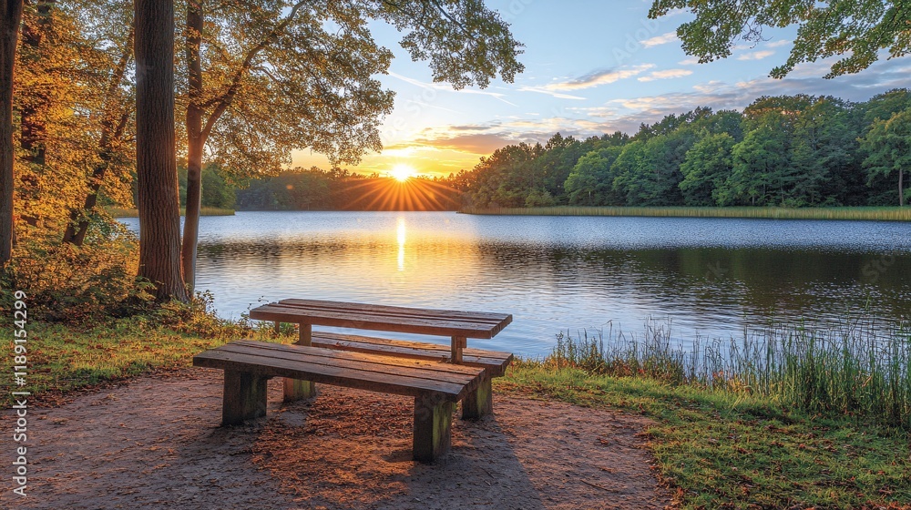 Scenic sunset view over tranquil lake with picnic table in forest Scenic sunset view over tranquil lake with picnic table in forest