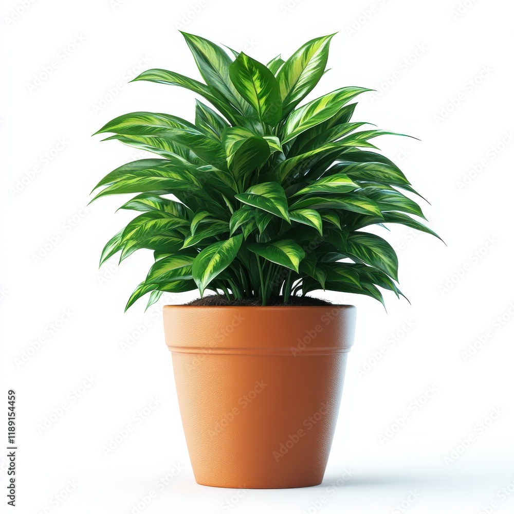 Fototapeta premium Green houseplant in a terracotta pot isolated on a white background, showcasing vibrant, shiny leaves.