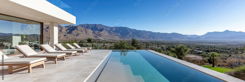 Fototapeta premium A luxurious patio with an infinity pool, sun loungers, and a panoramic mountain view.