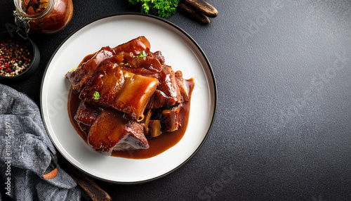 plate with braised pork liver copy space image