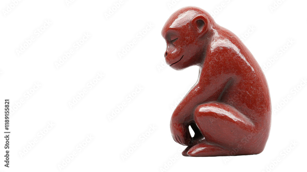 Naklejka premium Red Stone Monkey Sculpture with Serene Expression on Dark Background