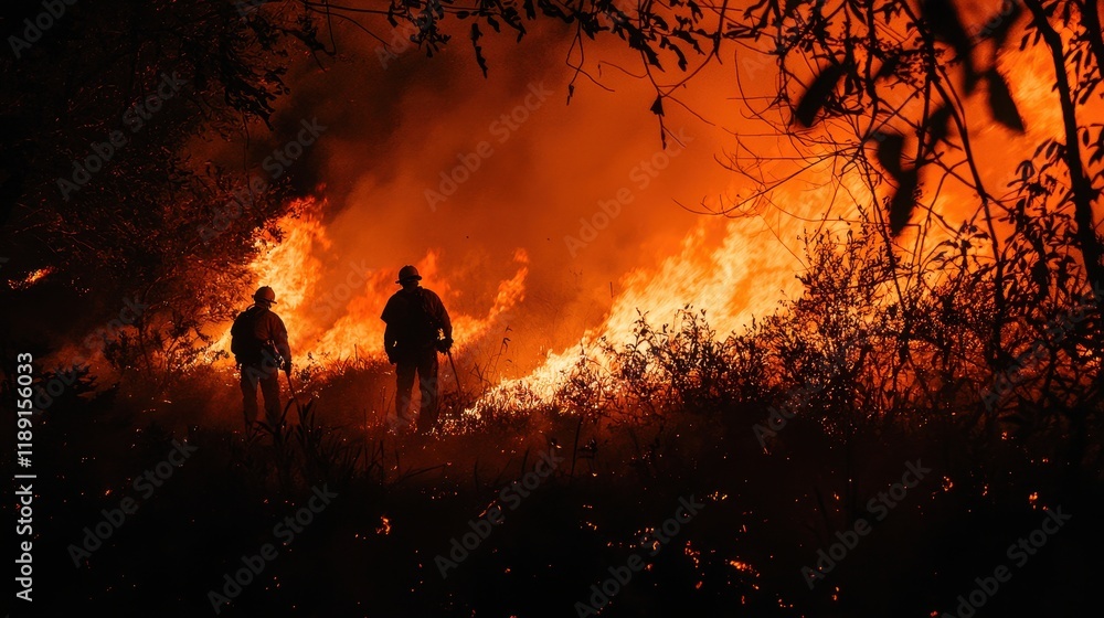 Fototapeta premium Fiery Wildfire Scene with Two Firefighters Battling Flames in a Dense Smoky Environment