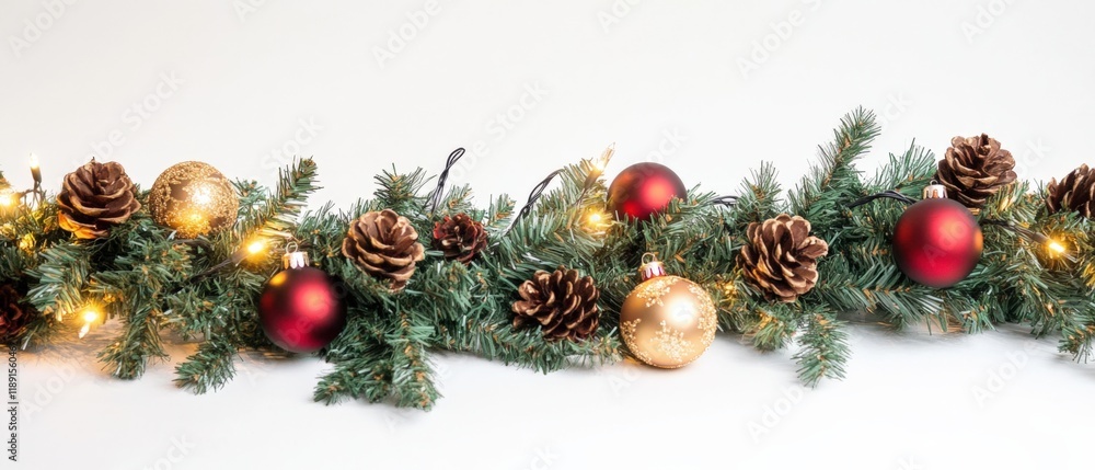 Christmas garland with red and gold ornaments and pine cones Christmas garland with red and gold ornaments and pine cones
