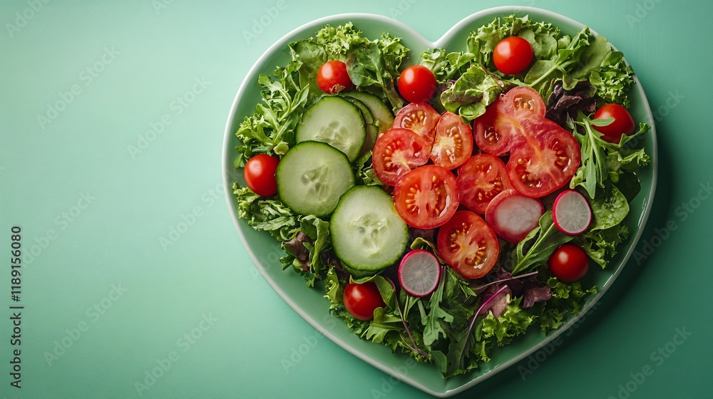 Fresh heart-shaped salad featuring greens, tomatoes, and cucumbers on a teal background Fresh heart-shaped salad featuring greens, tomatoes, and cucumbers on a teal background