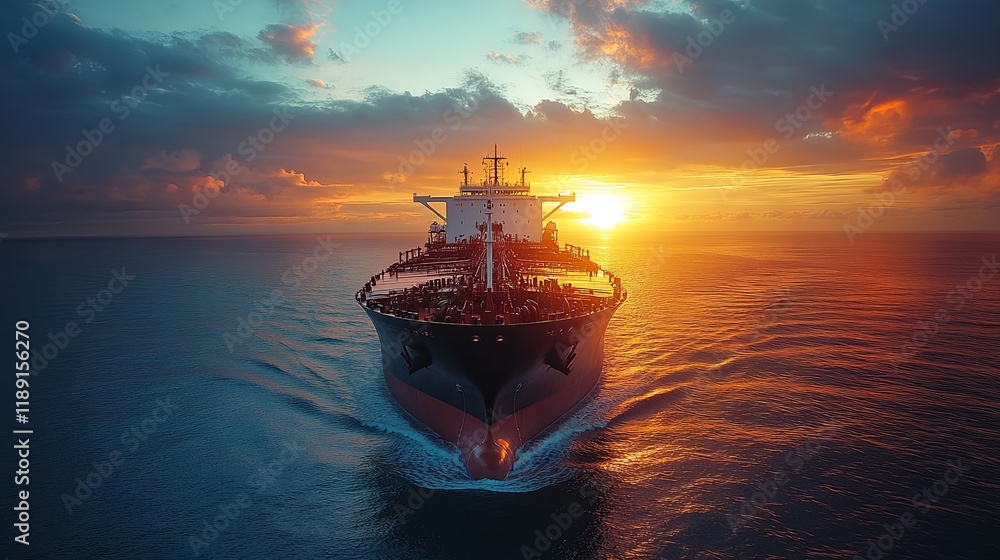 Fototapeta premium Majestic Cargo Ship at Sunset: A Dramatic Maritime Scene