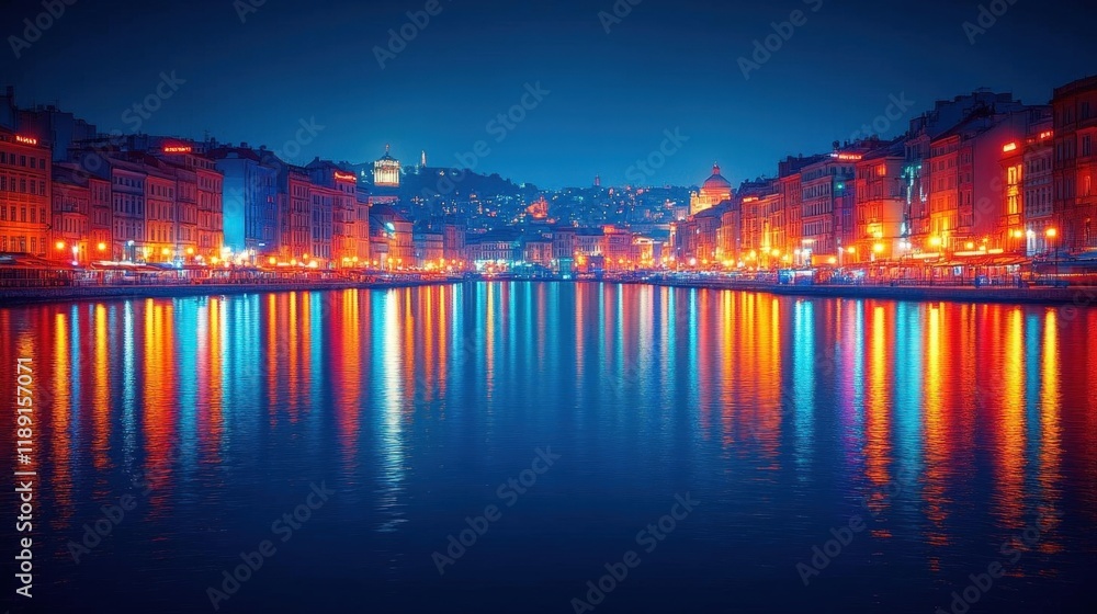 Vibrant City Nightscape with Colorful Lights Reflecting on Water Vibrant City Nightscape with Colorful Lights Reflecting on Water