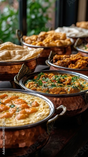 Close-up view of traditional Rajasthani buffet food in copper chafing dishes. Wedding reception venue. Variety of Indian dishes served in antique style copper pots. Food display. Warm interior. photo