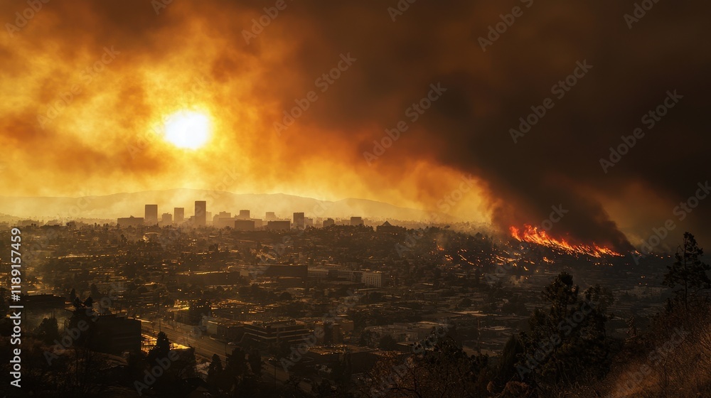 Dramatic Sunset Over Cityscape as Wildfire Rages in Distance with Thick Smoke Billowing and Orange Hues Embracing the Skyline Dramatic Sunset Over Cityscape as Wildfire Rages in Distance with Thick Smoke Billowing and Orange Hues Embracing the Skyline