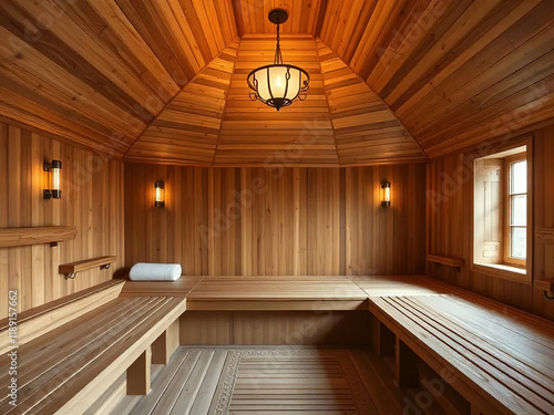 interior of wooden bathhouse sauna. wood-fired sauna. vaporarium photo