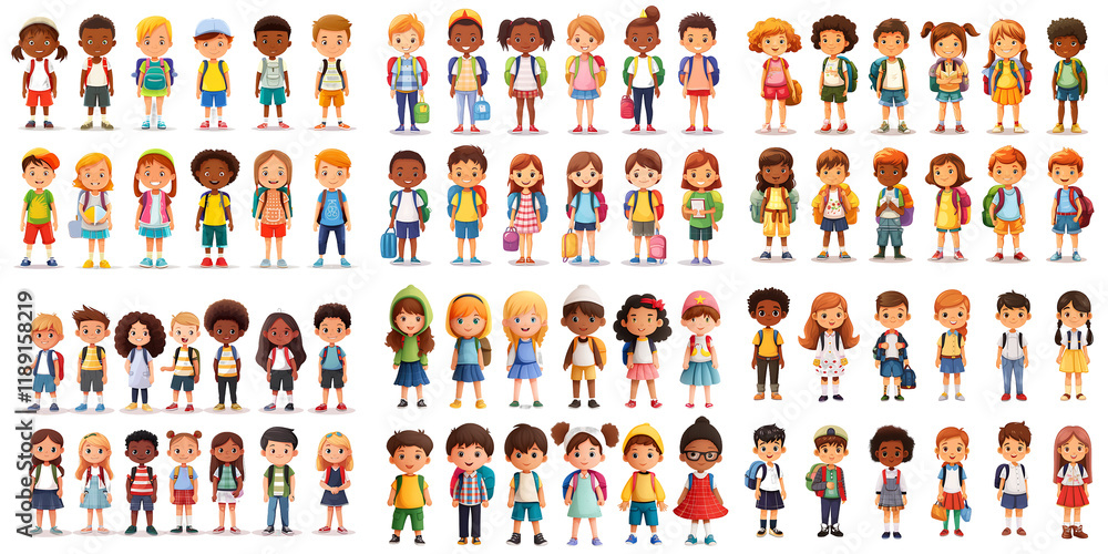 Fototapeta premium Diverse Children Ready for School: A vibrant collection of diverse children, ready for school, standing in neat rows showcasing a wide range of ethnicities, styles, and expressions.
