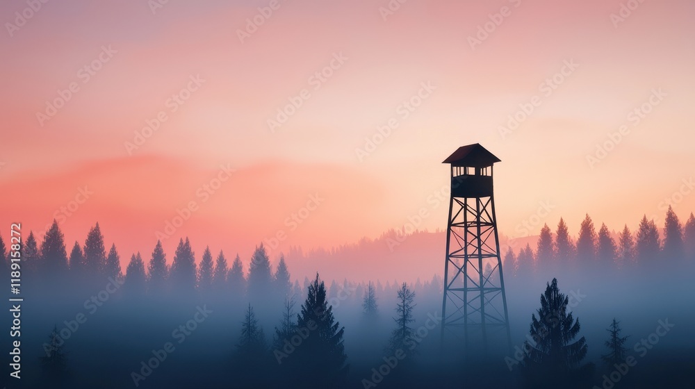Silhouette of a Tall Wood Observation Tower Surrounded by Misty Evergreen Forest at Dawn with Colorful Sky Silhouette of a Tall Wood Observation Tower Surrounded by Misty Evergreen Forest at Dawn with Colorful Sky