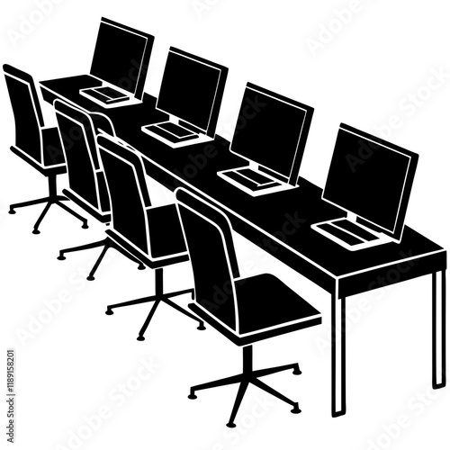 Cooperative Coworking Space with Computer Silhouettes flat icon desks 