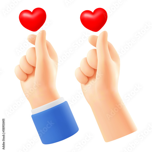 Hand gesture love with red heart. Korean finger heart sign, for web, banner, poster, print, Valentine's day, wedding, other life event. 3D realistic, Isolated on white background. Vector illustration