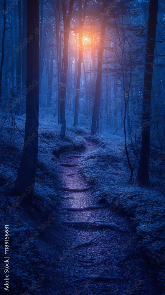Naklejka premium Dark Misty Forest Path with Sunlight Filtering Through Trees at Twilight