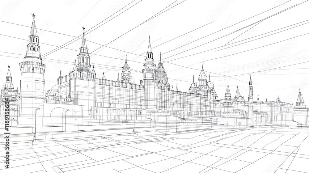 Wireframe-style vector illustration of Moscow city featuring Kremlin Palace and Red Square. 3D futuristic concept of iconic historical landmarks,architectural grandeur, urban planning, cultural preser Wireframe-style vector illustration of Moscow city featuring Kremlin Palace and Red Square. 3D futuristic concept of iconic historical landmarks,architectural grandeur, urban planning, cultural preser
