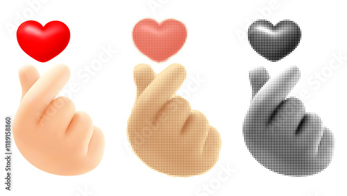 Hand gesture love with red heart. Korean finger heart sign. 3D realistic, paper cut for retro collage, and with halftone. Isolated on white background. Vector illustration
