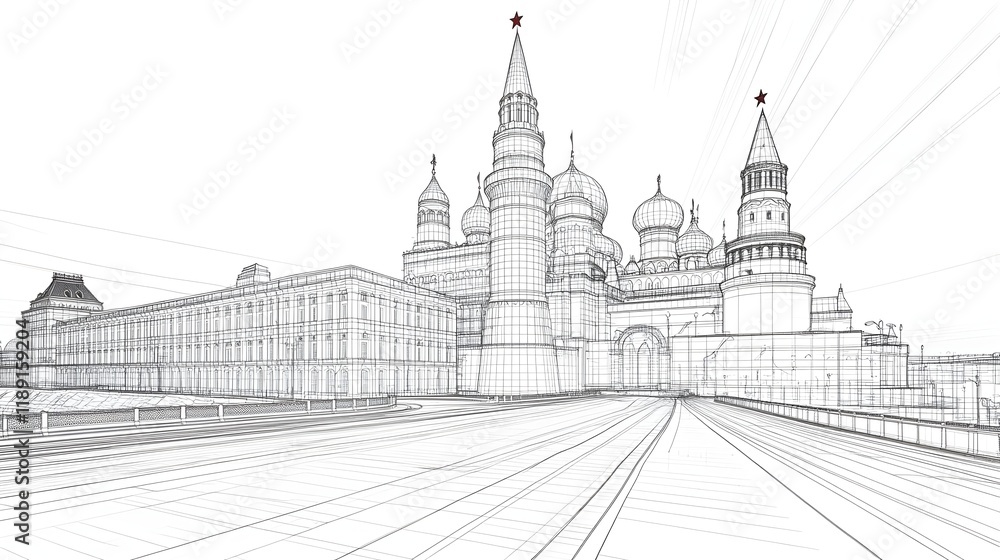 Wireframe-style vector illustration of Moscow city featuring Kremlin Palace and Red Square. 3D futuristic concept of iconic historical landmarks,architectural grandeur, urban planning, cultural preser Wireframe-style vector illustration of Moscow city featuring Kremlin Palace and Red Square. 3D futuristic concept of iconic historical landmarks,architectural grandeur, urban planning, cultural preser