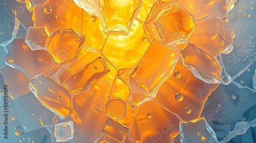 Amber ice cubes with a warm glow representing freshness and coolness against blue